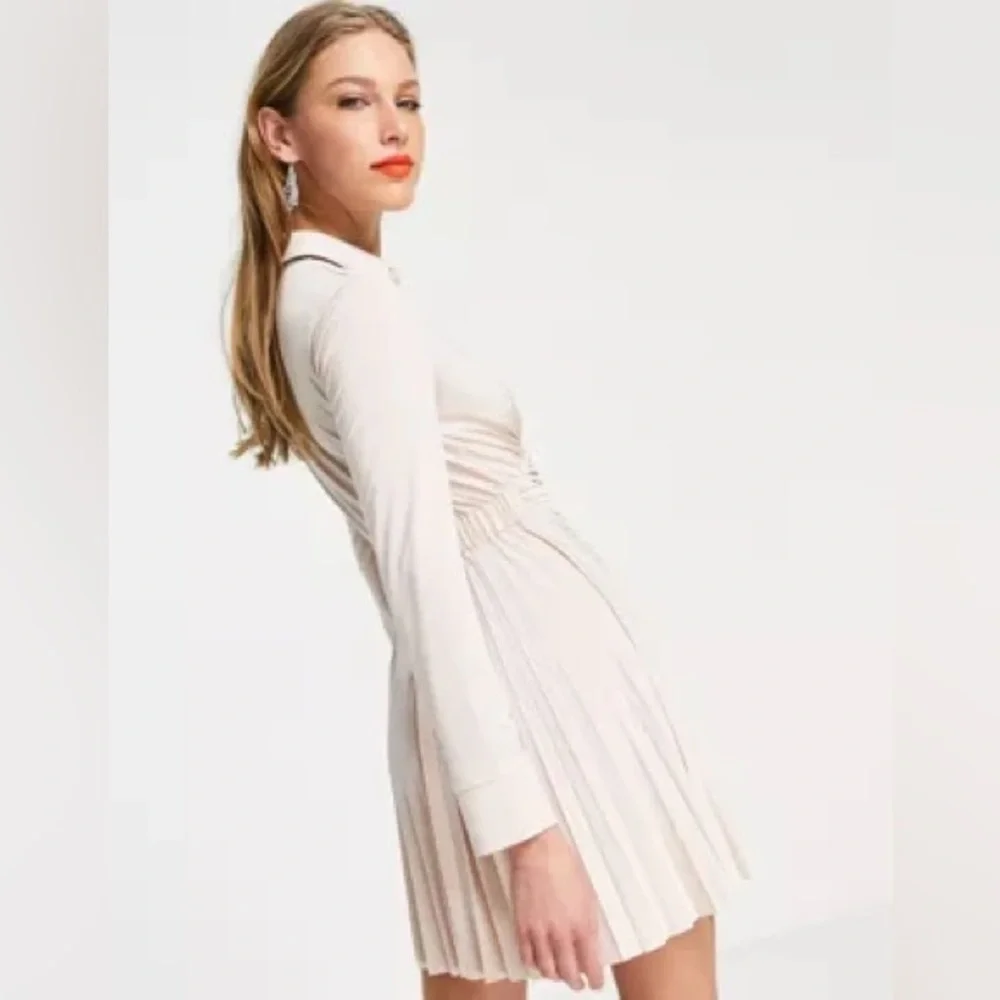 ASOS DESIGN pleated mini shirt dress in slinky champagne - Picture 2 of 5